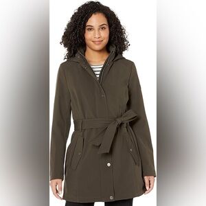 DKNY Black Belted shell hooded heavy lined waterproof raincoat pockets size XL